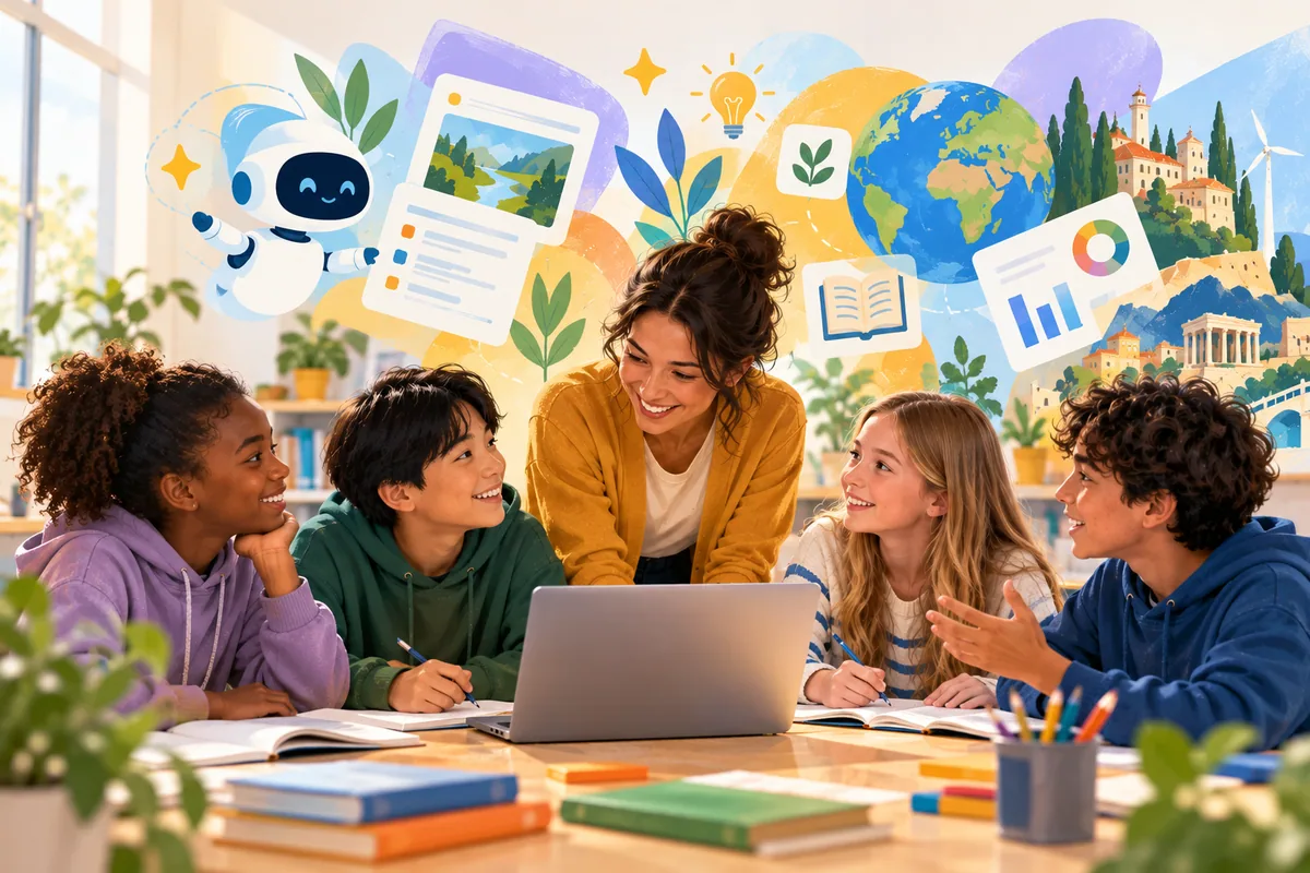 Teacher reviewing AI-supported classroom materials — professional judgement, responsible practice, and meaningful pedagogy